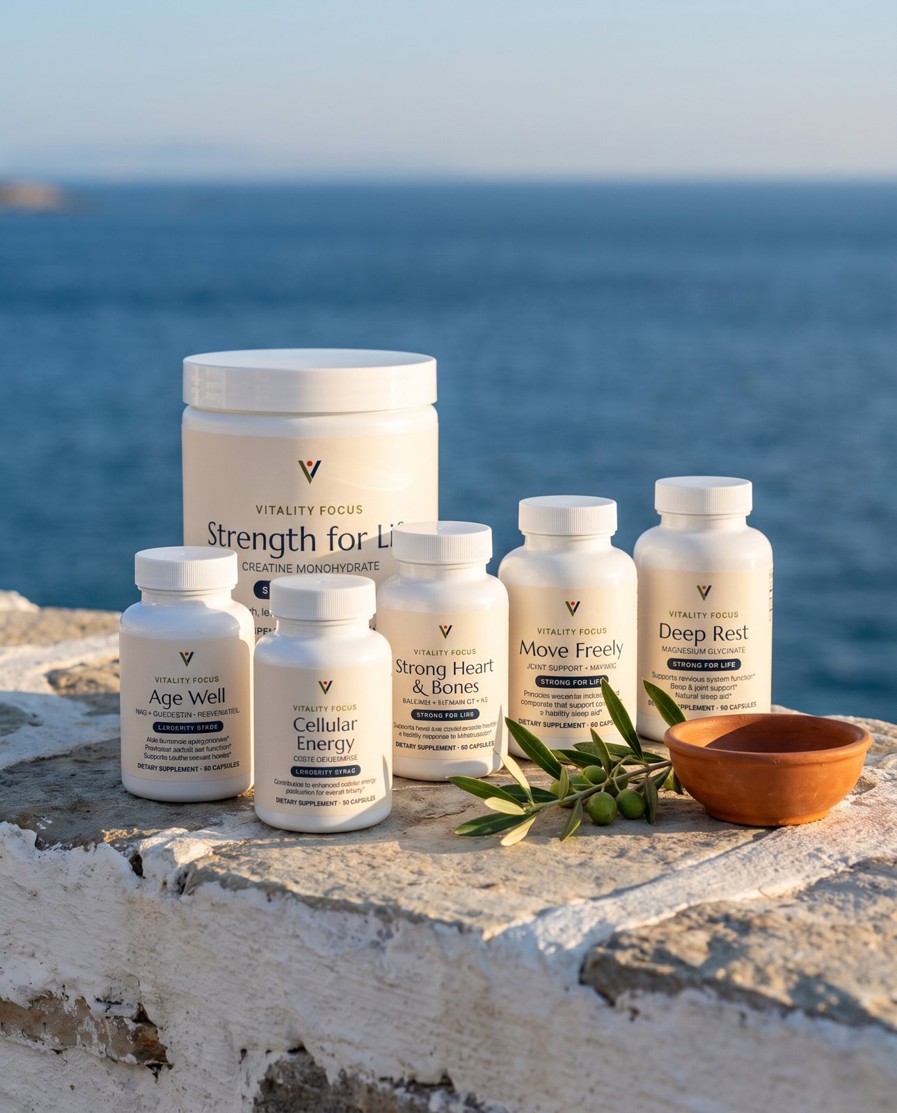 The Long Game: all six Vitality Focus products on a whitewashed ledge above the Aegean